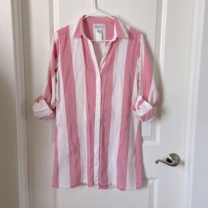 Tommy Bahama Rugby Beach Stripe Linen-Blend shirt cover-up in Coral Coast XXS